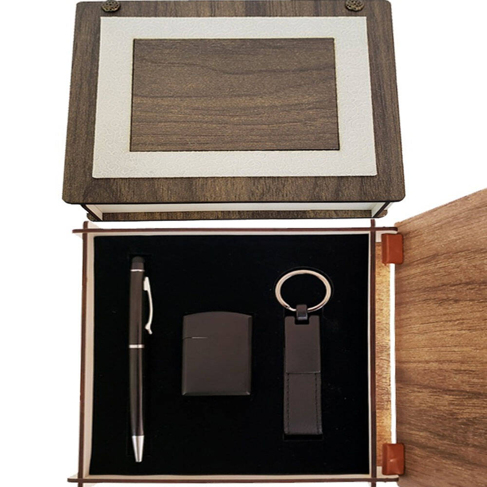 Özel Ahşap Kutulu Mat Siyah Kalem Anahtarlık ve Çakmak Set - 1