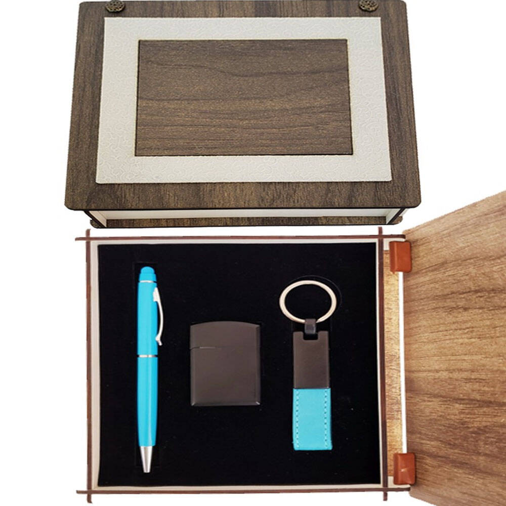 Özel Ahşap Kutulu Mavi Kalem Anahtarlık ve Çakmak Set - 1