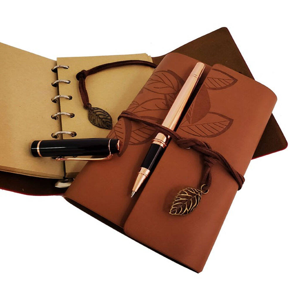 Özel Ahşap Kutulu Taba Deri Defter ve Bakır Roller Kalem Set - 2