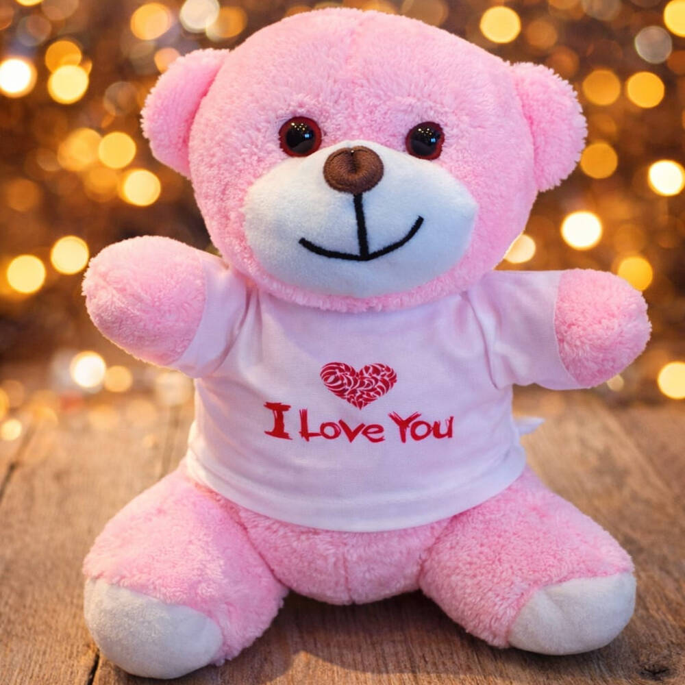Pembe I Love You Tasarım Tişörtlü Ayıcık - 1