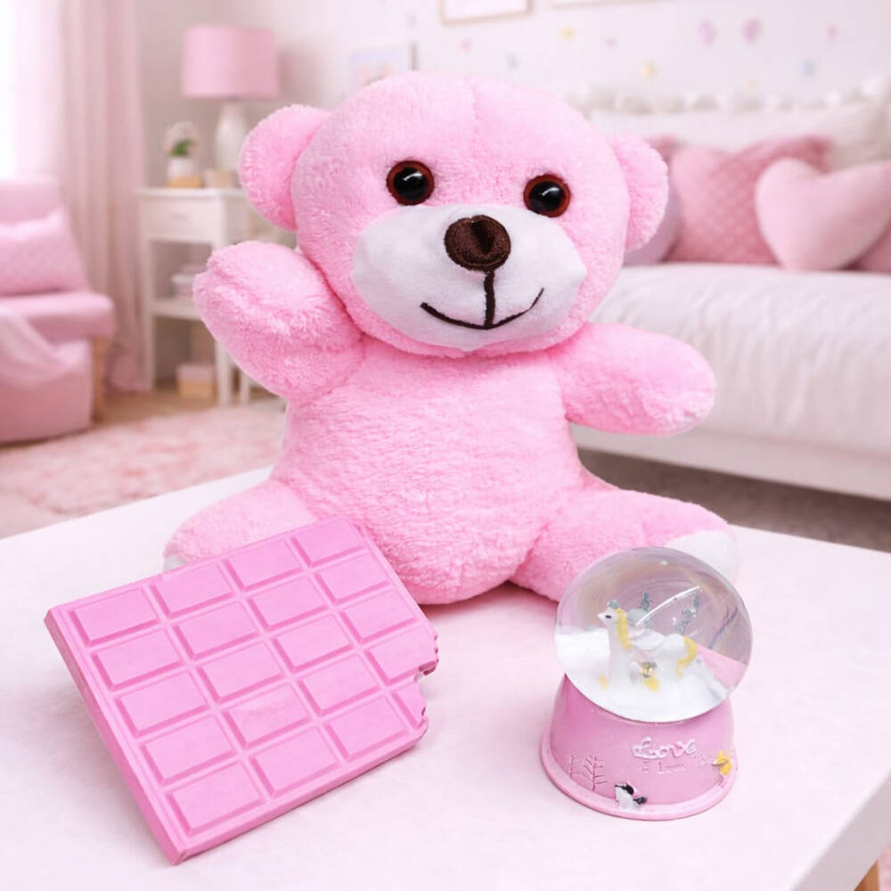 Pembe Peluş Ayıcık Kar Küresi Ve Pembe Çikolata Not Defteri - 1