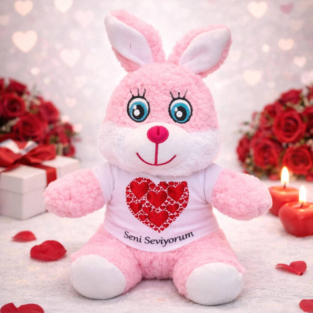 Pembe Renk Seni Seviyorum Tişörtlü Peluş Tavşan - 1