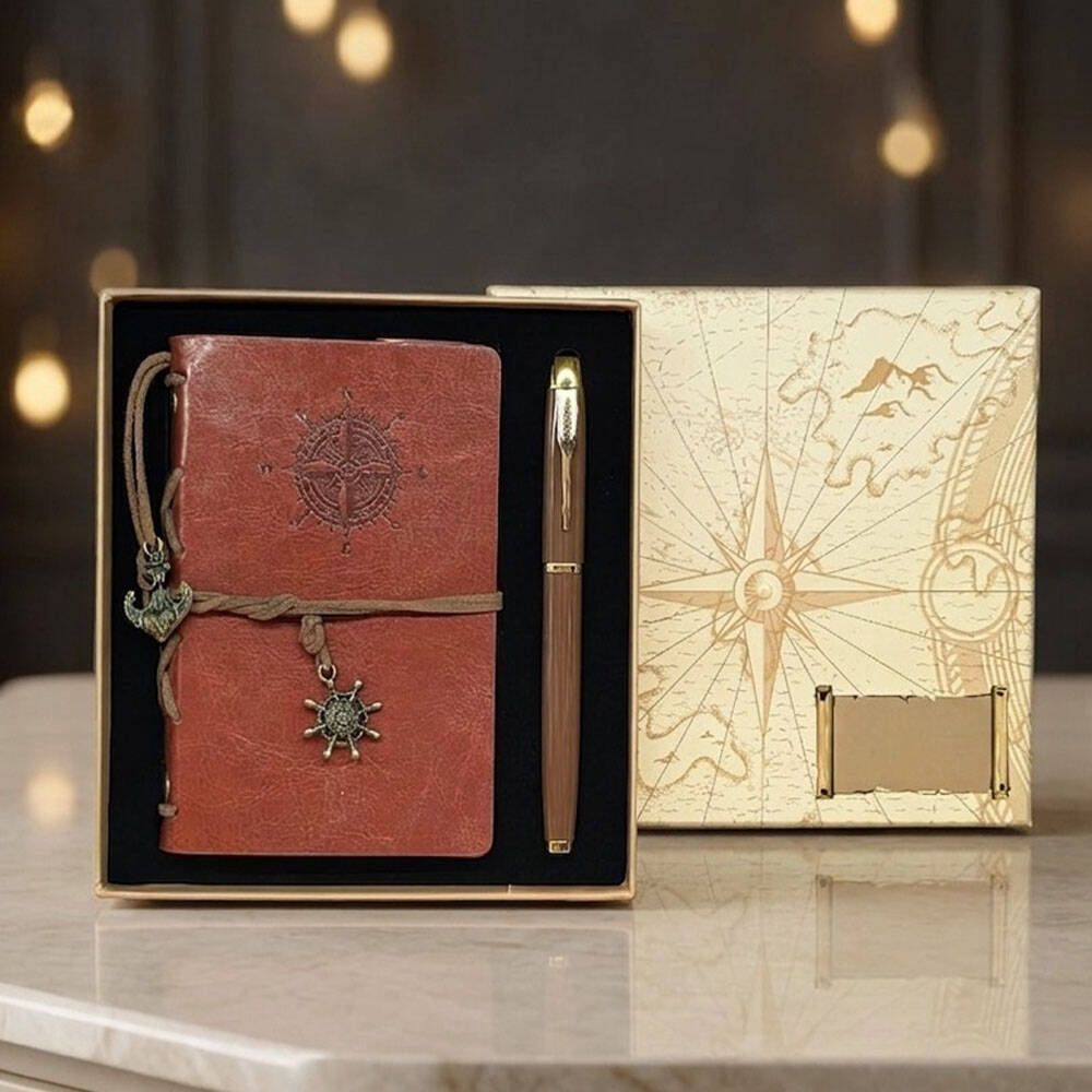 Pusula Baskılı Deri Defter Kalem Seti - 1