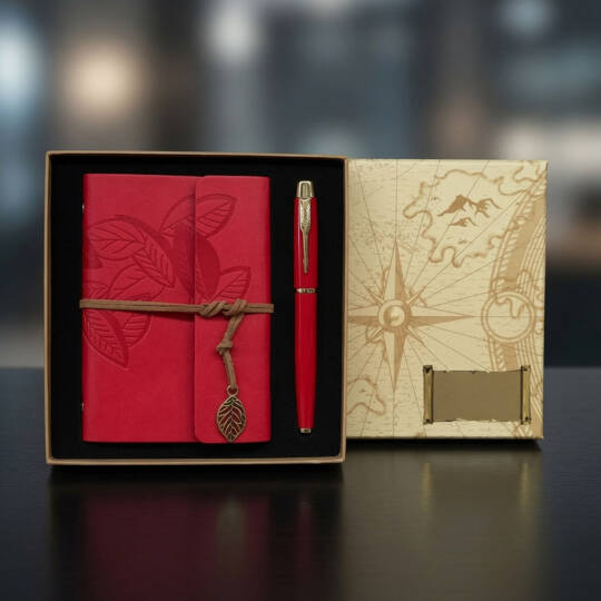 Pusula Motif Kutulu Kırmızı Yaprak Desenli Deri Defter Ve Metal Kırmızı Kalem Seti