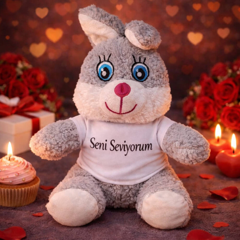 Sevimli Seni Seviyorum Tişörtlü Peluş Tavşan - 1