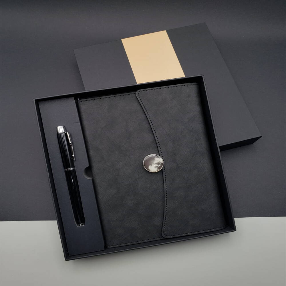 Siyah Deri Defter Ve Metal Siyah Tükenmez Kalem Set - 1