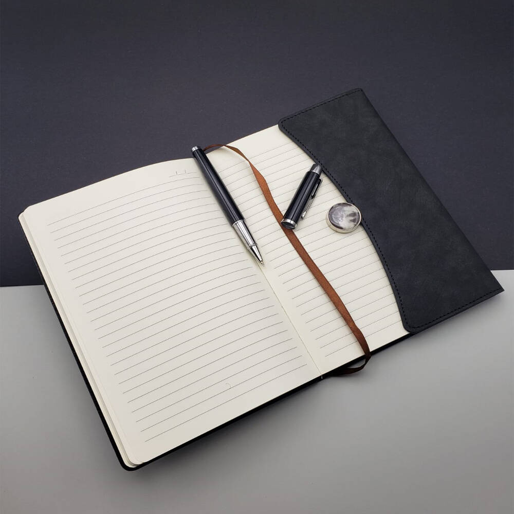 Siyah Deri Defter Ve Metal Siyah Tükenmez Kalem Set - 2