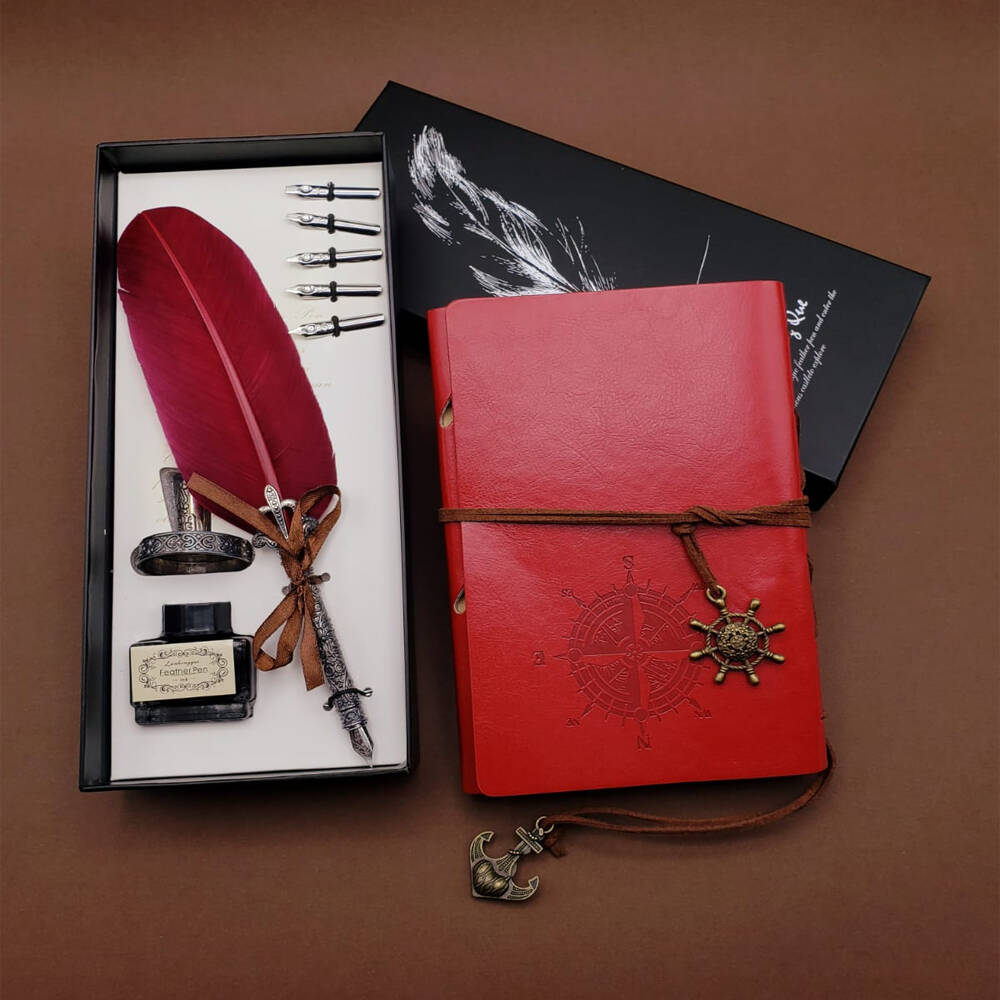 Tüylü Divit Hokka Kalem ve Pusula Baskılı Defter Set - 1