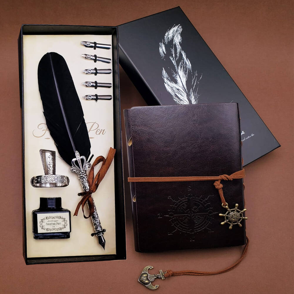 Tüylü Kalem ve Deri Defter Set - 1