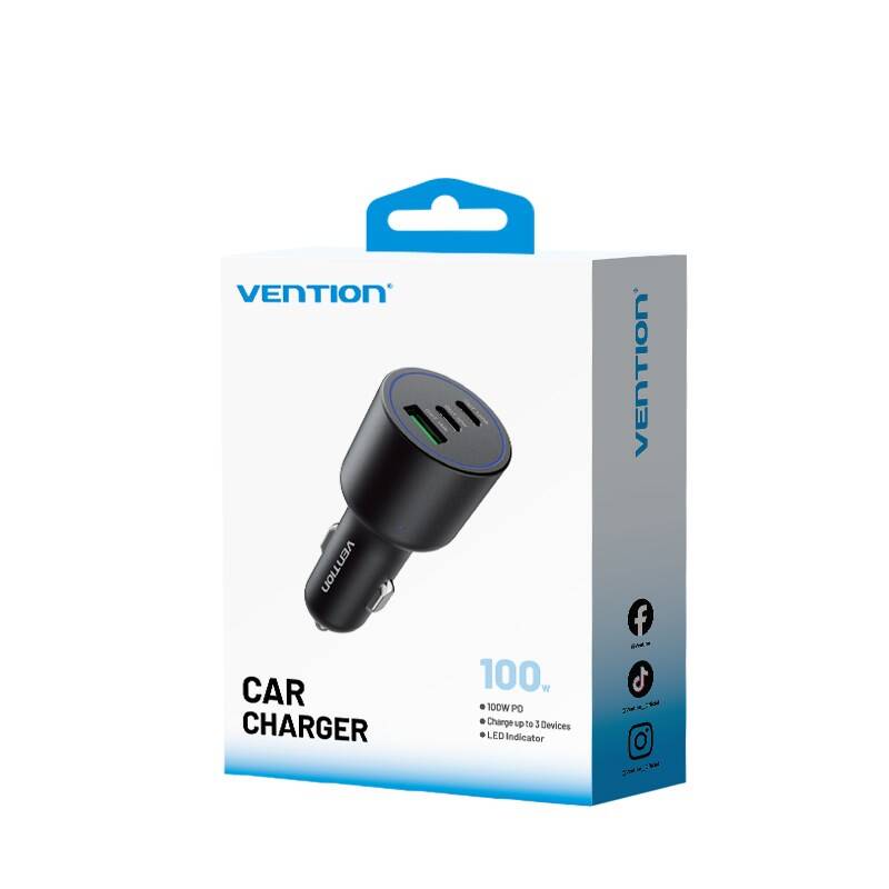 Vention 100W 3 Portlu Yüksek Hızlı Araç Sarj Adaptörü FFQ Siyah - 1