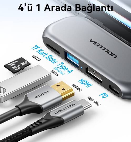 Vention 4'Ü 1 Arada Çoklayıcı Kablo THYH0 Gri - 5