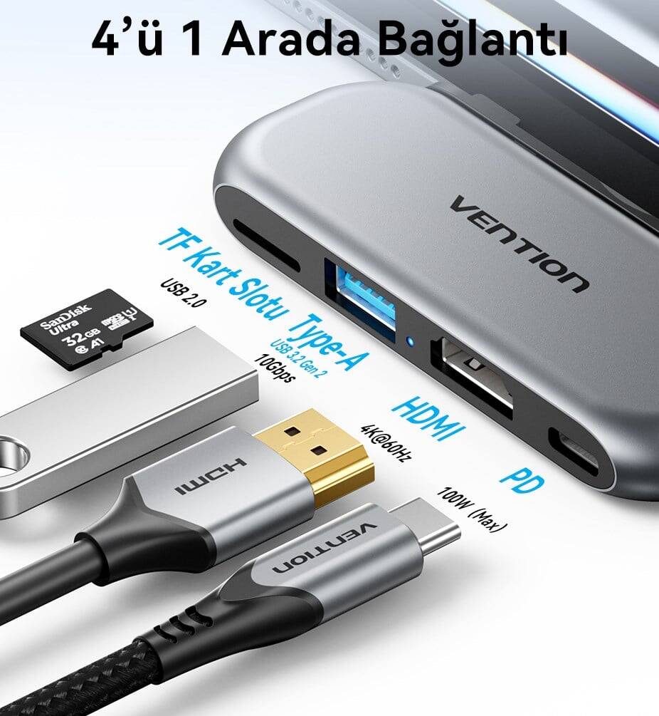 Vention 4'Ü 1 Arada Çoklayıcı Kablo THYH0 Gri - 5