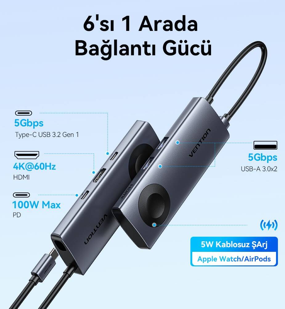 Vention 6'sı 1 Arada Çoklayıcı Kablo TPM Gri - 5