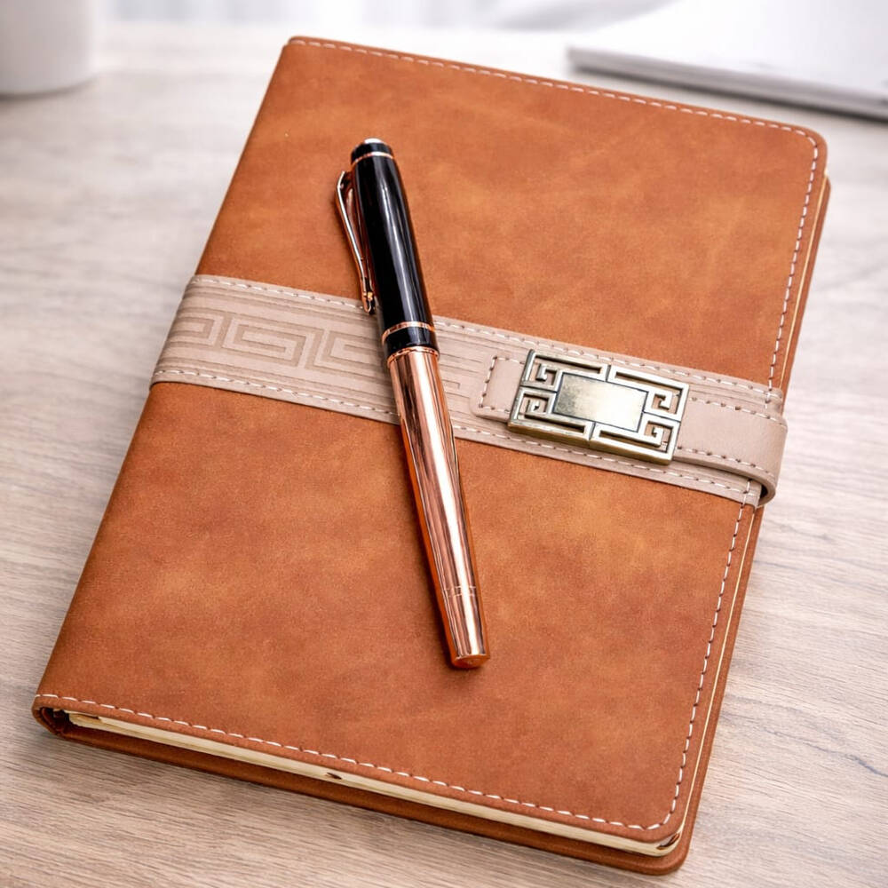 Vip Deri Defter Ve Metal Bakır Roller Kalem Seti - 1