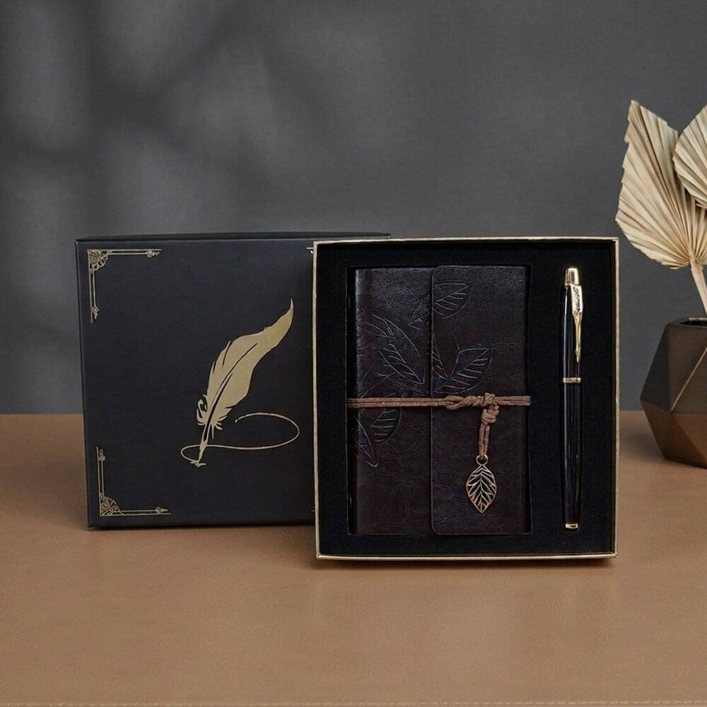 Vip Kutulu Deri Yaprak Desenli Defter Ve Metal Roller Kalem Seti - 1