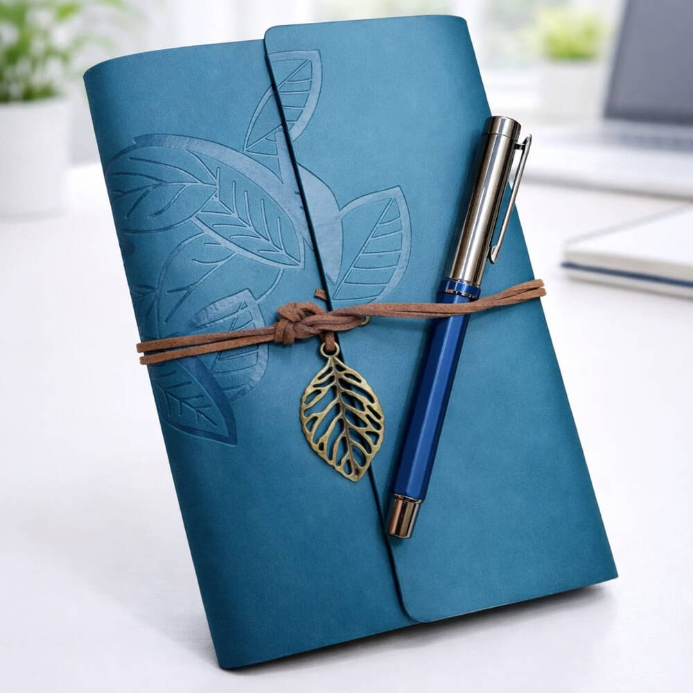 Yaprak Desenli Deri Defter Ve Lacivert Metal Roller Kalem Seti - 1