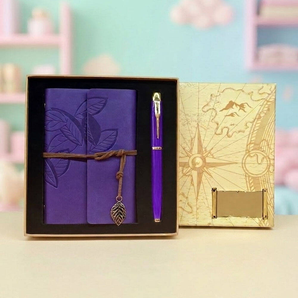 Yaprak Desenli Deri Defter Ve Mor Metal Kalem Seti - 1