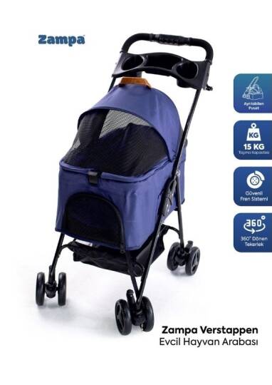 Zampa Verstappen Ayrılabilir Pusetli Lüks Kedi & Köpek Arabası Lacivert SP02F-N - 8