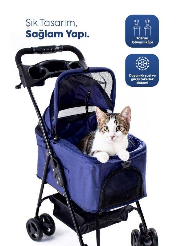 Zampa Verstappen Ayrılabilir Pusetli Lüks Kedi & Köpek Arabası Lacivert SP02F-N - 3