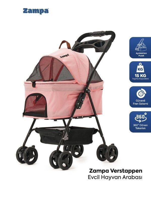 Zampa Verstappen Ayrılabilir Pusetli Lüks Kedi & Köpek Arabası Pembe SP02F-P - 1